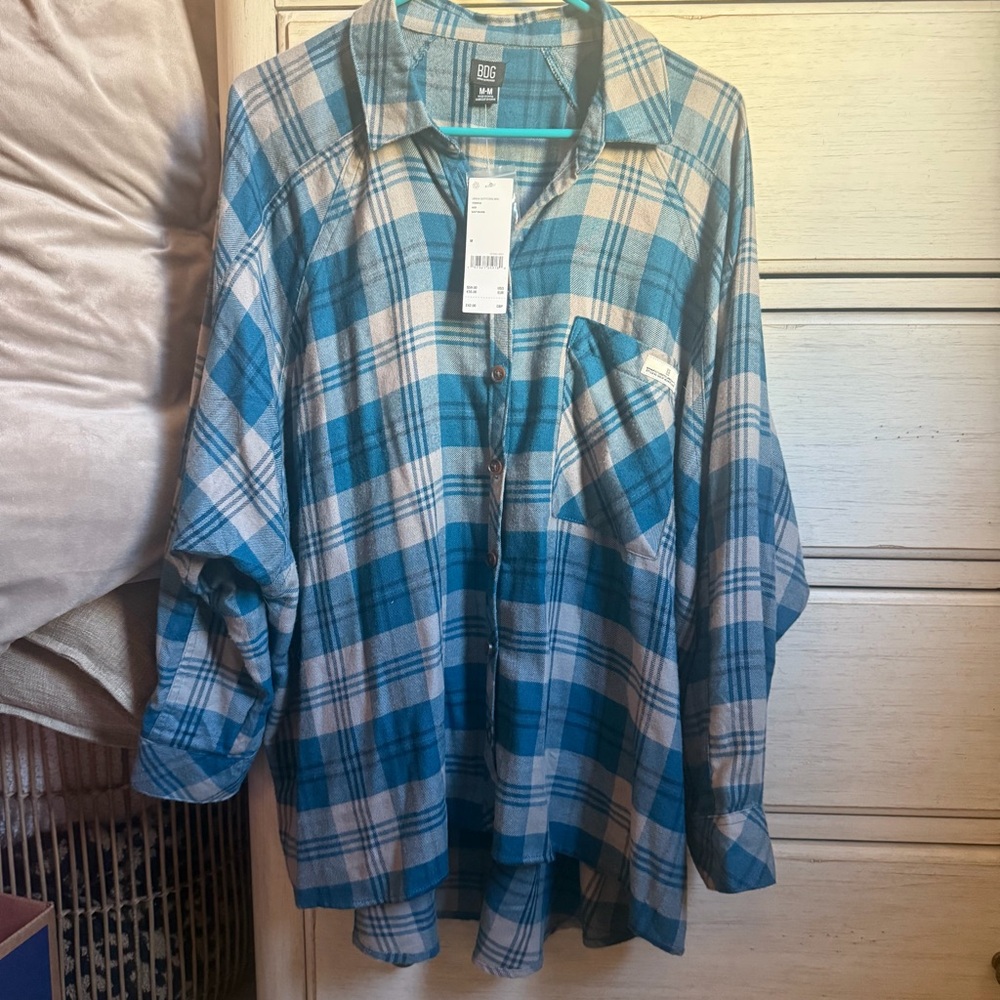 BDG Teal and Grey Plaid Button Down